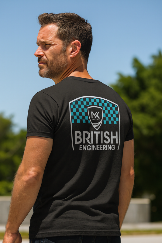MK British Engineering T-Shirt Black Turquoise Print